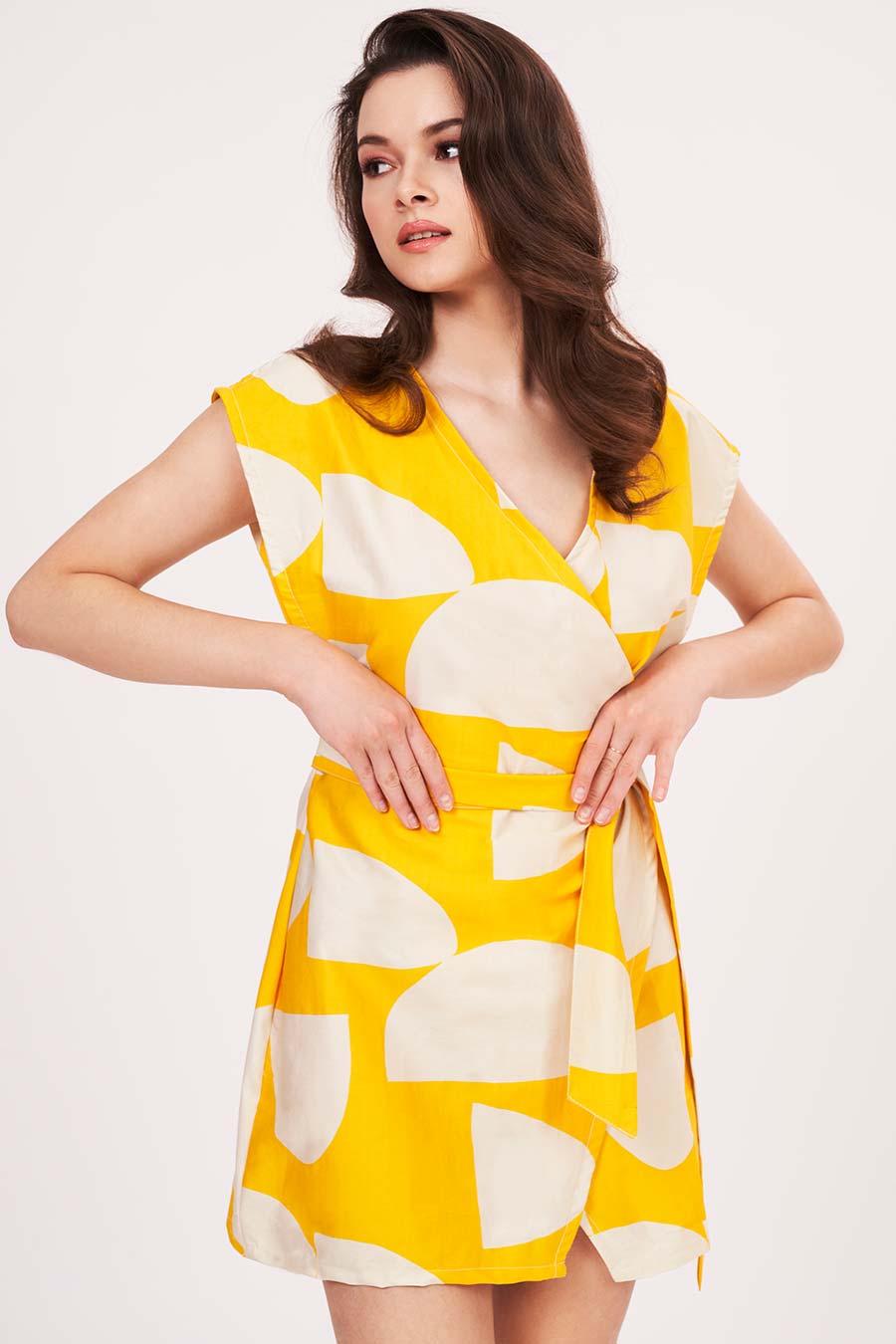 Yellow Printed Wrap Short Dress