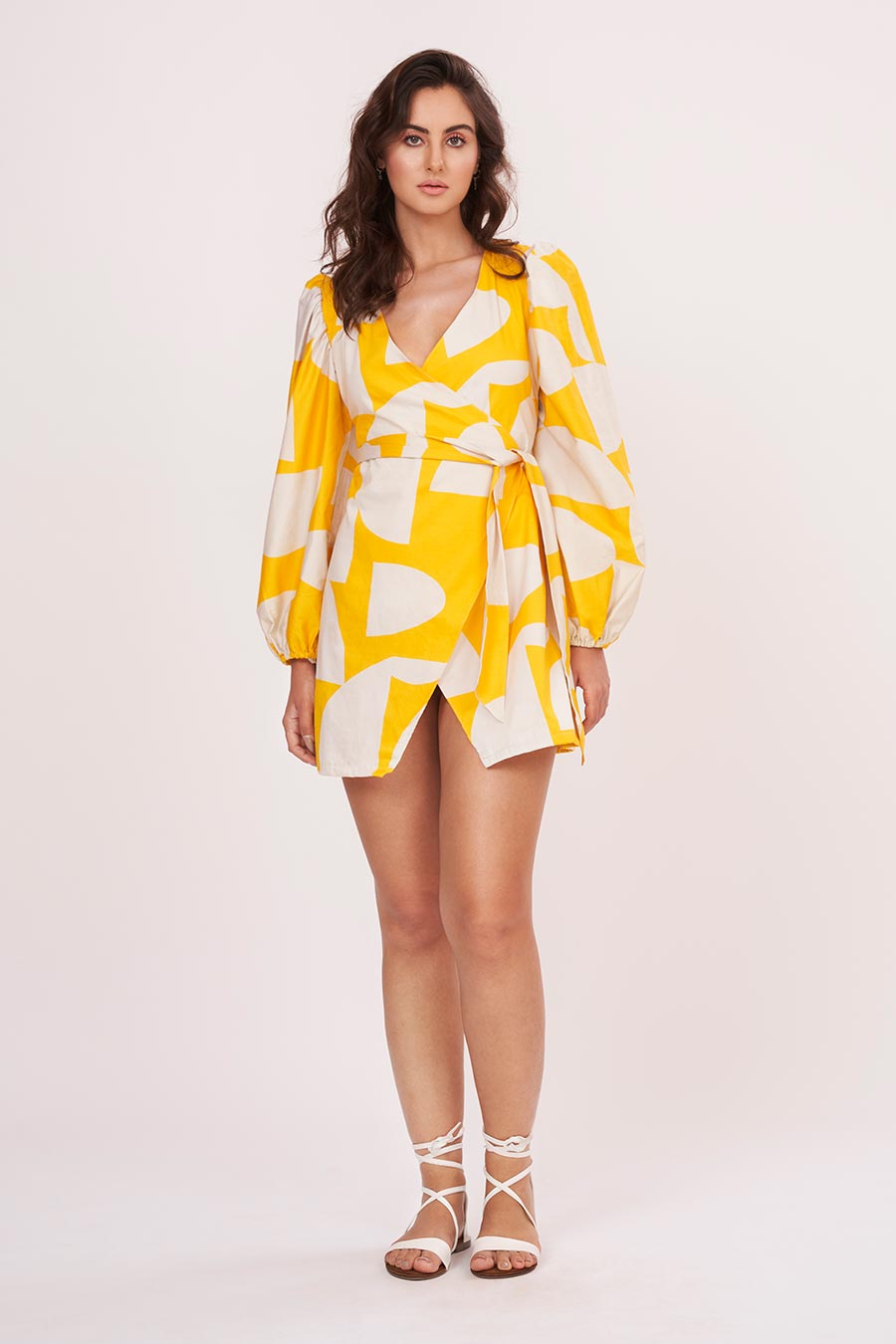 Yellow Printed Short Wrap Dress