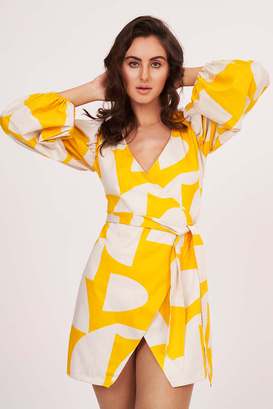 Yellow Printed Short Wrap Dress