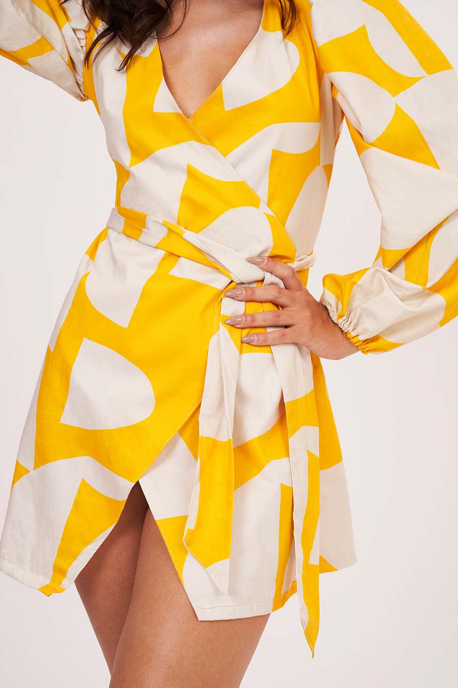 Yellow Printed Short Wrap Dress