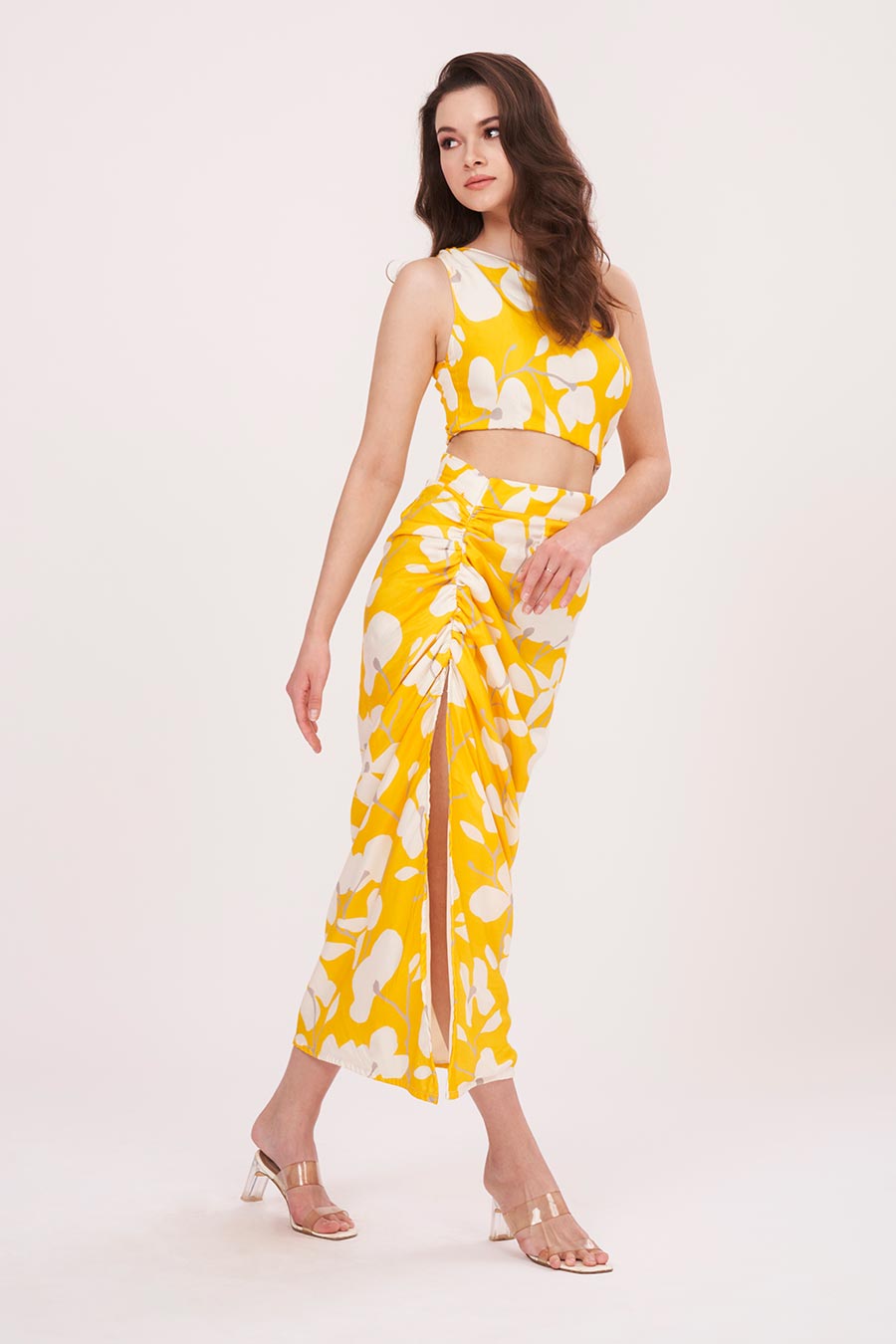 Yellow Printed One-Shoulder Top & Skirt Set
