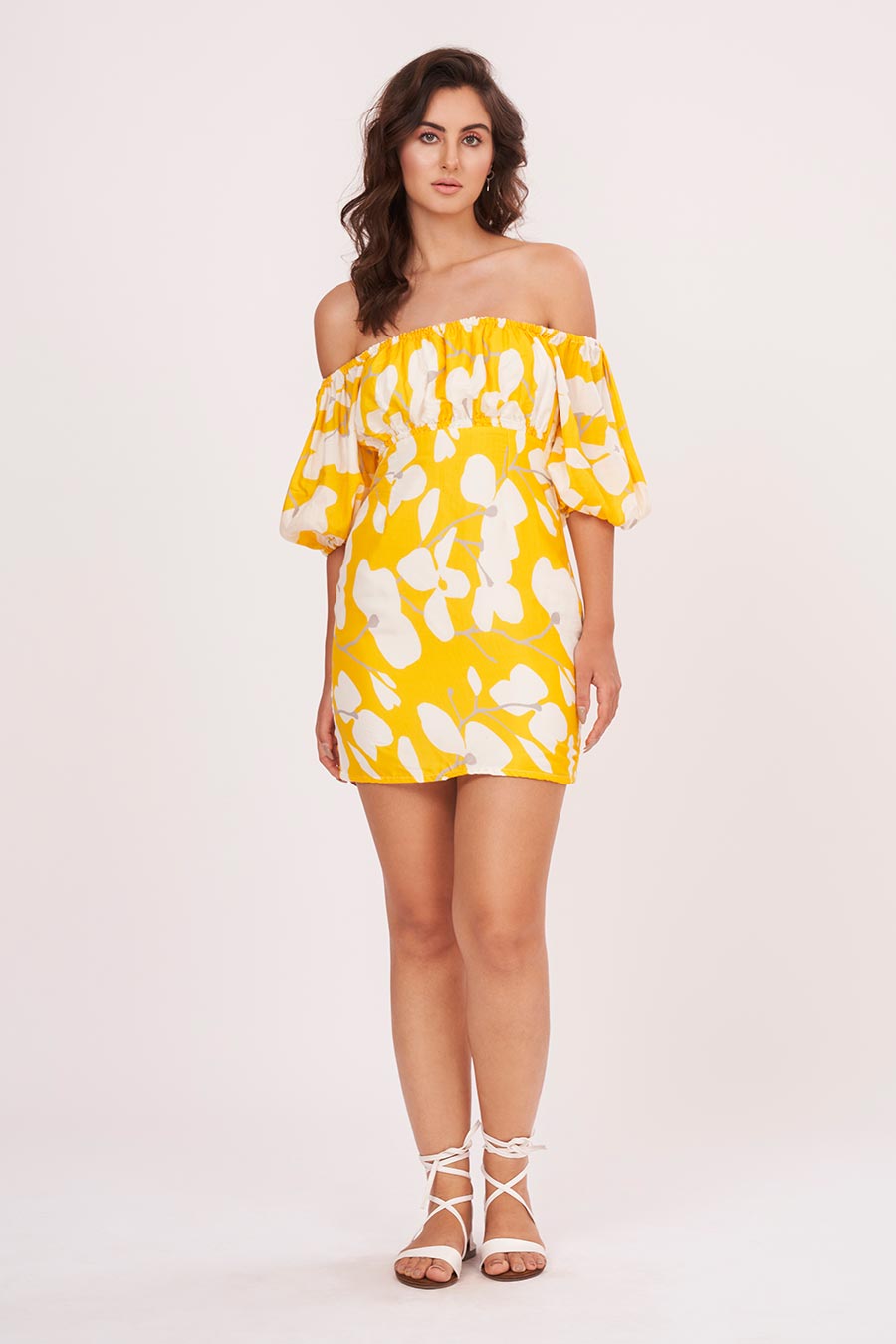 Yellow Printed Off-Shoulder Short Dress