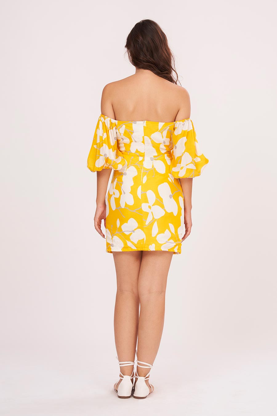 Yellow Printed Off-Shoulder Short Dress