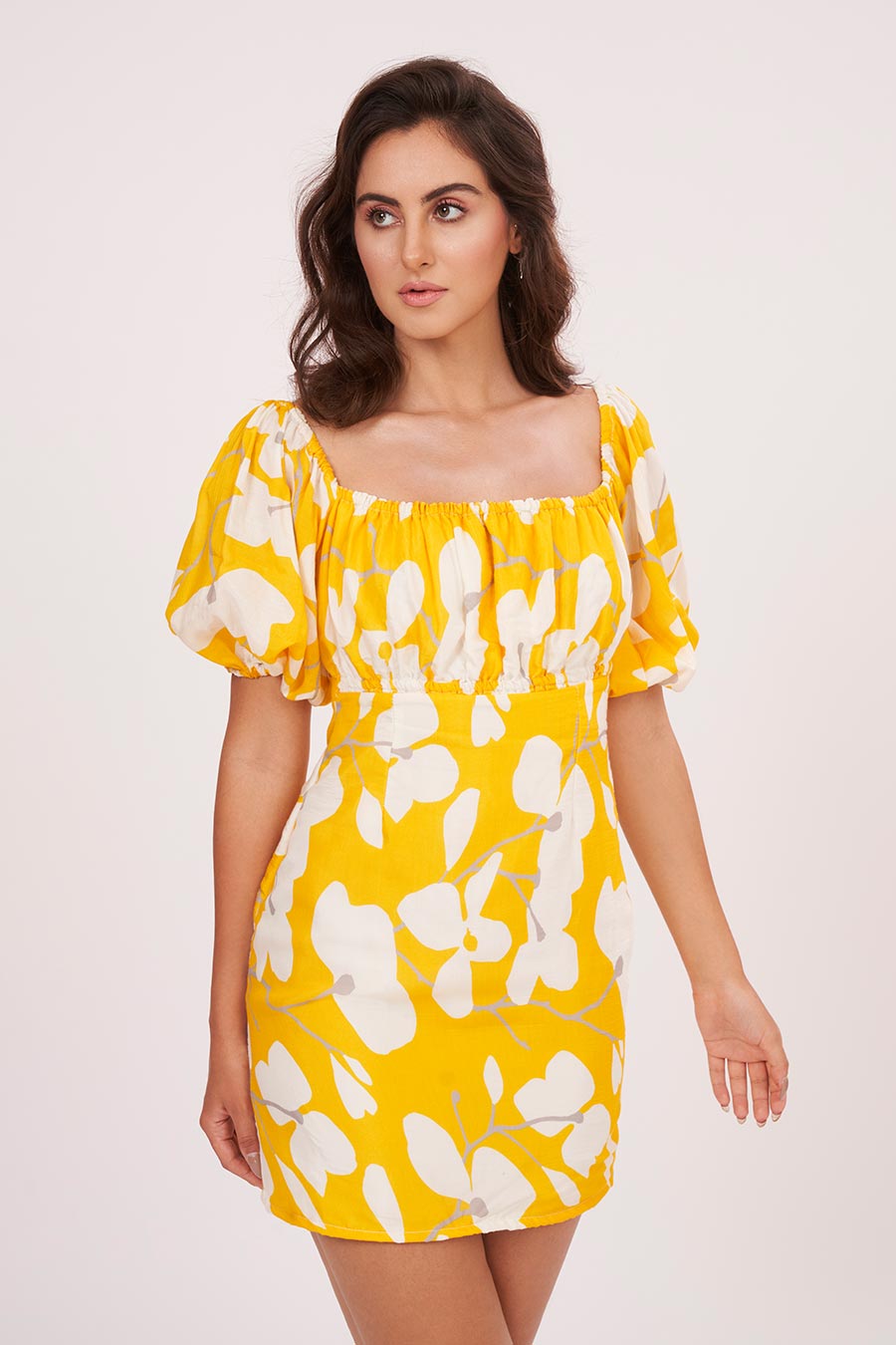 Yellow Printed Off-Shoulder Short Dress