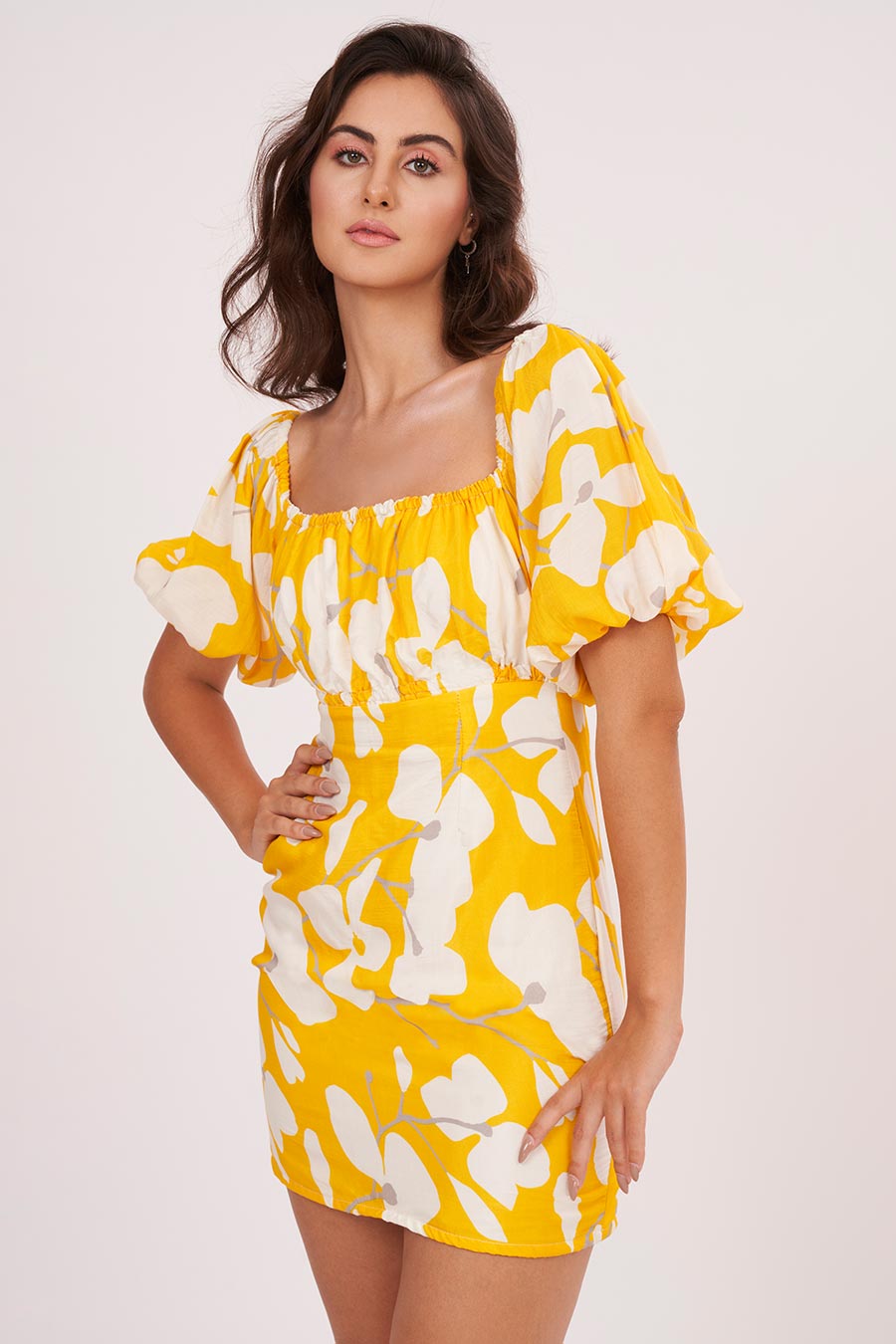 Yellow Printed Off-Shoulder Short Dress