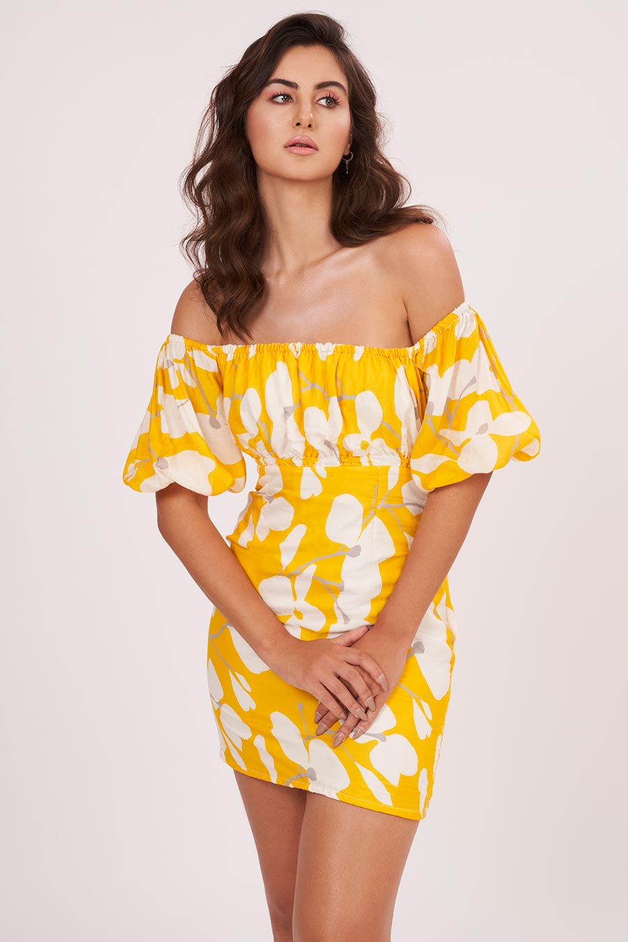 Yellow Printed Off-Shoulder Short Dress