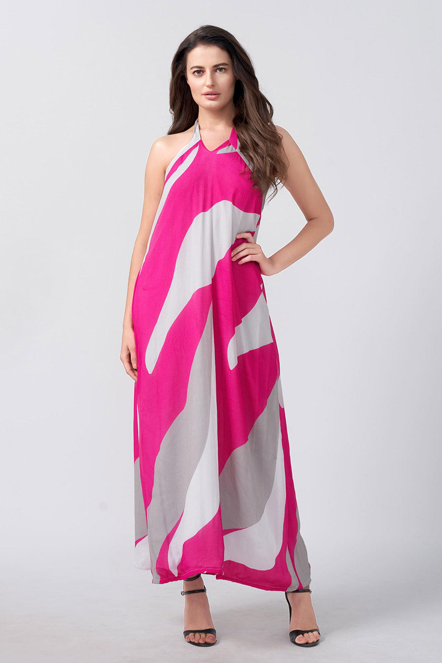 Pink Abstract Printed Halter Long Dress