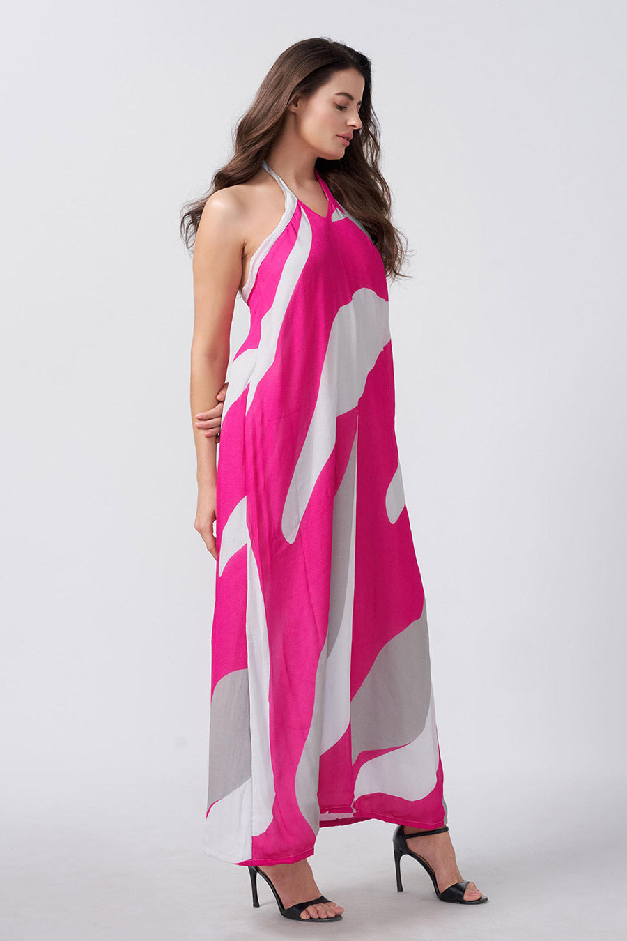 Pink Abstract Printed Halter Long Dress