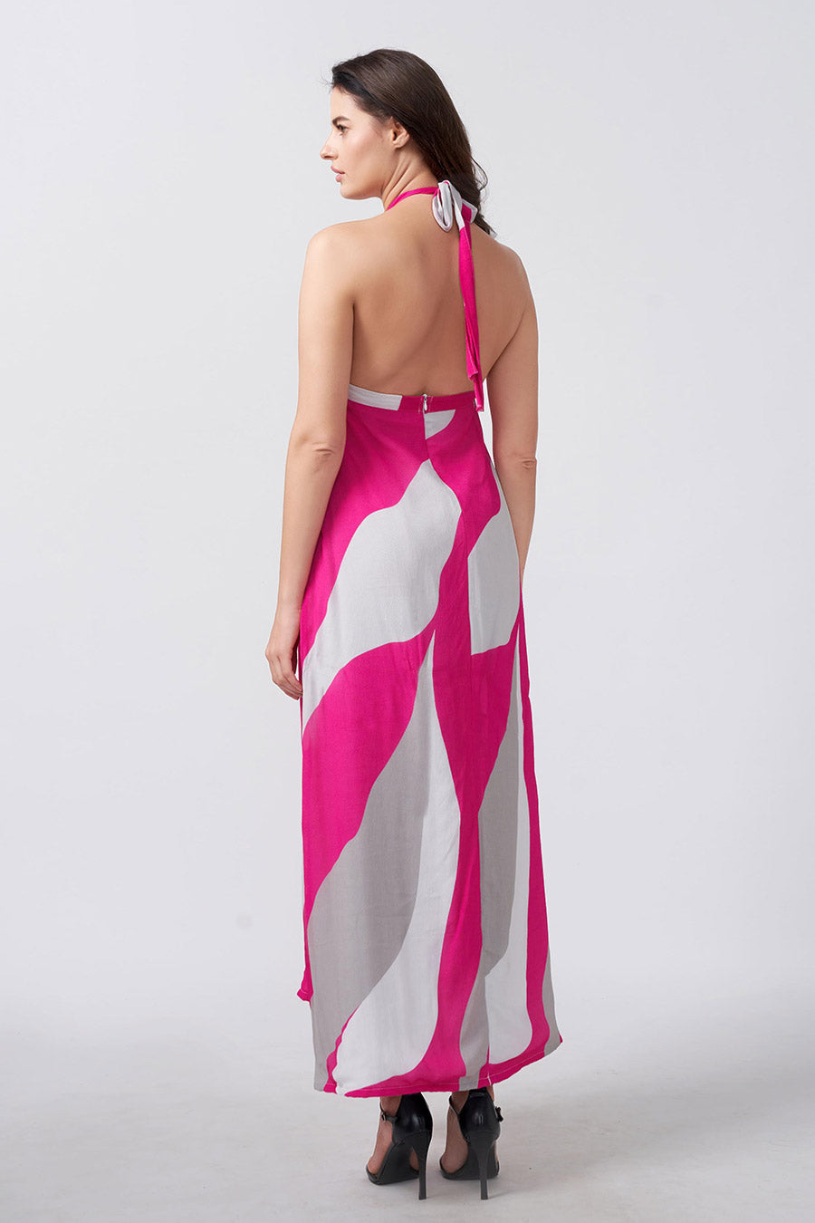 Pink Abstract Printed Halter Long Dress