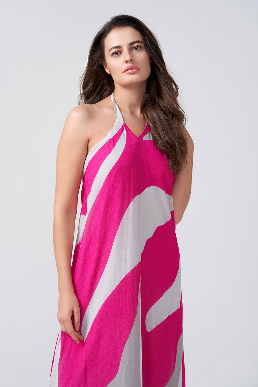 Pink Abstract Printed Halter Long Dress