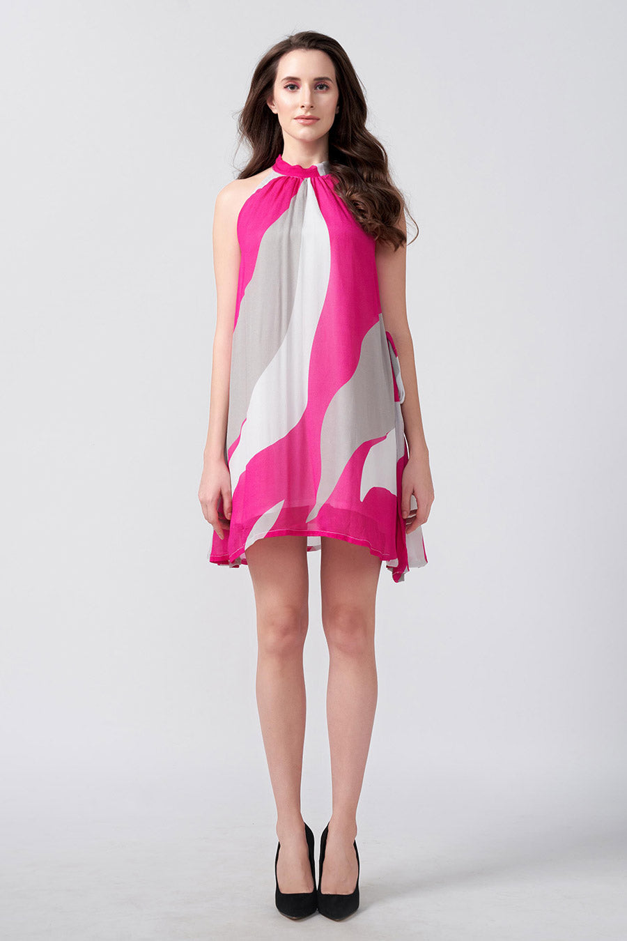 Pink Abstract Printed Halter Short Dress