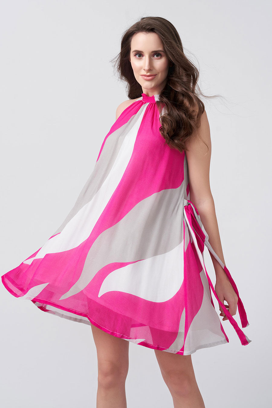 Pink Abstract Printed Halter Short Dress