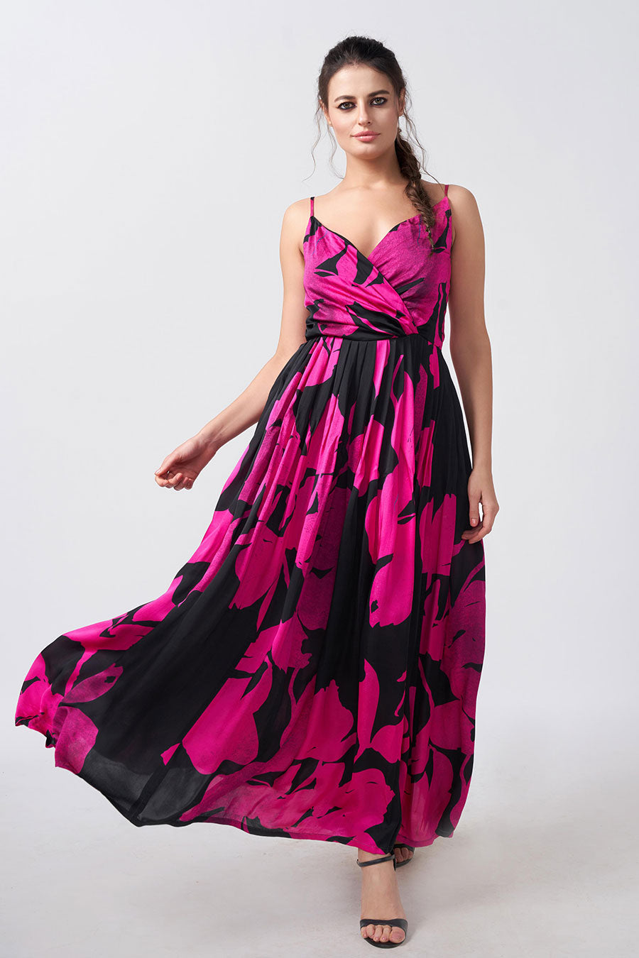 Pink & Black Floral Printed Gathered Long Dress