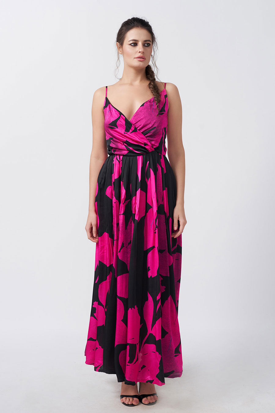 Pink & Black Floral Printed Gathered Long Dress