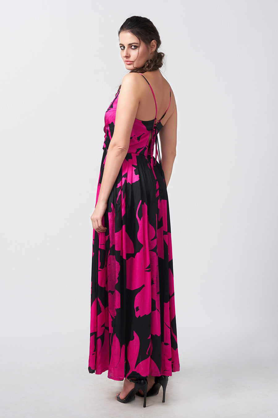 Pink & Black Floral Printed Gathered Long Dress