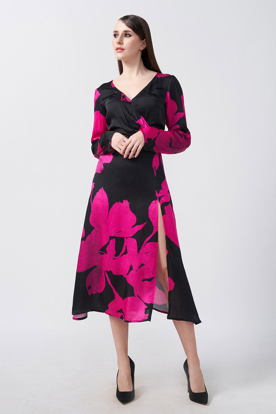 Pink & Black Floral Printed Overlap Midi Dress