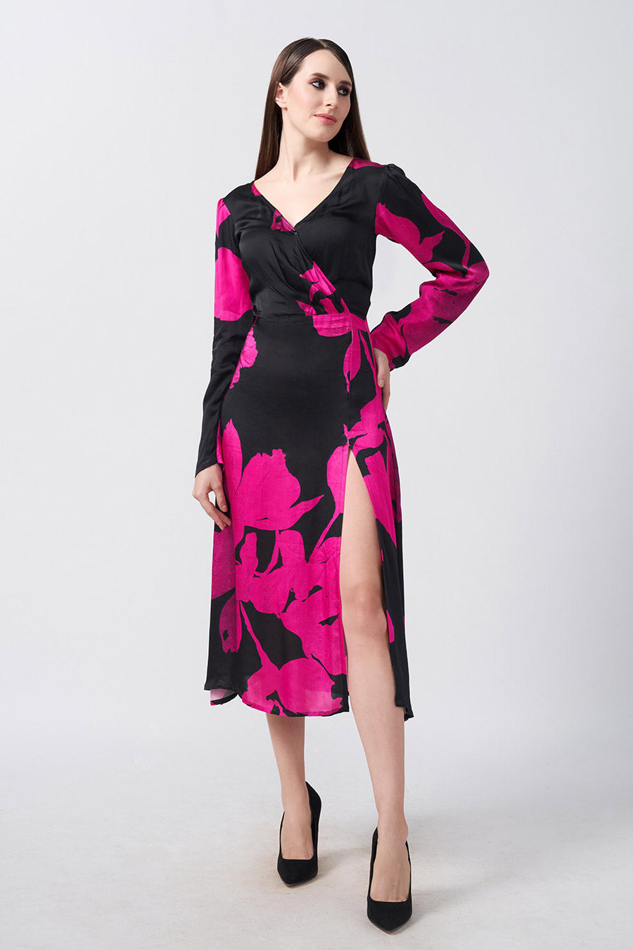 Pink & Black Floral Printed Overlap Midi Dress