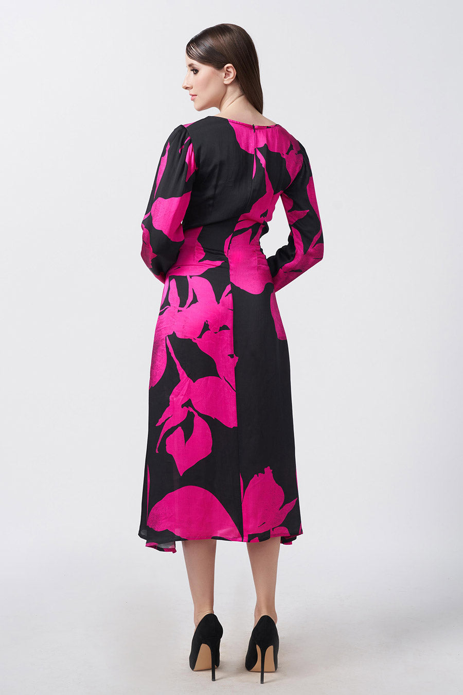 Pink & Black Floral Printed Overlap Midi Dress