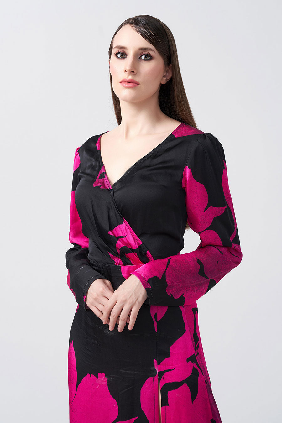 Pink & Black Floral Printed Overlap Midi Dress