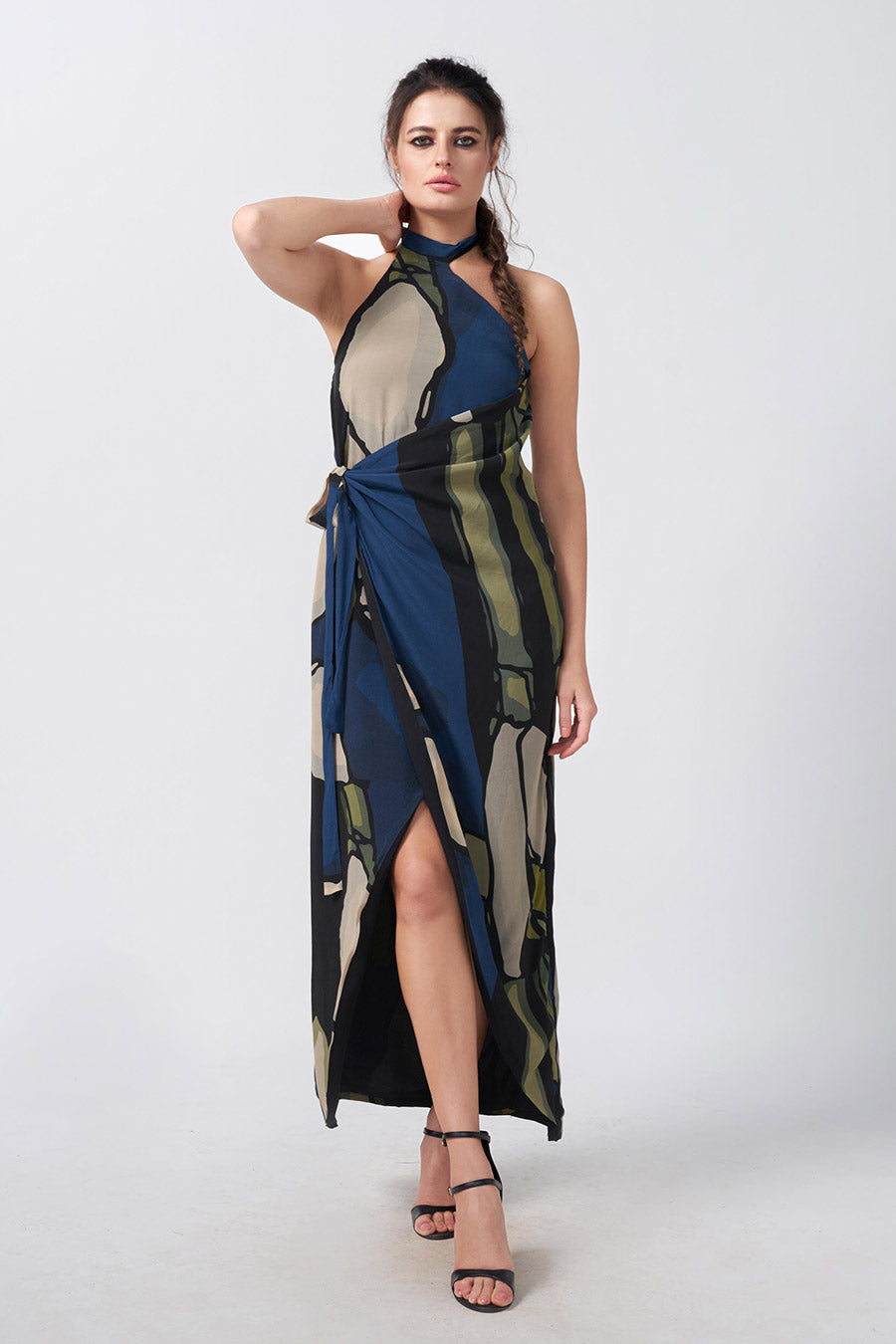 Blue Printed Wrap Long Dress