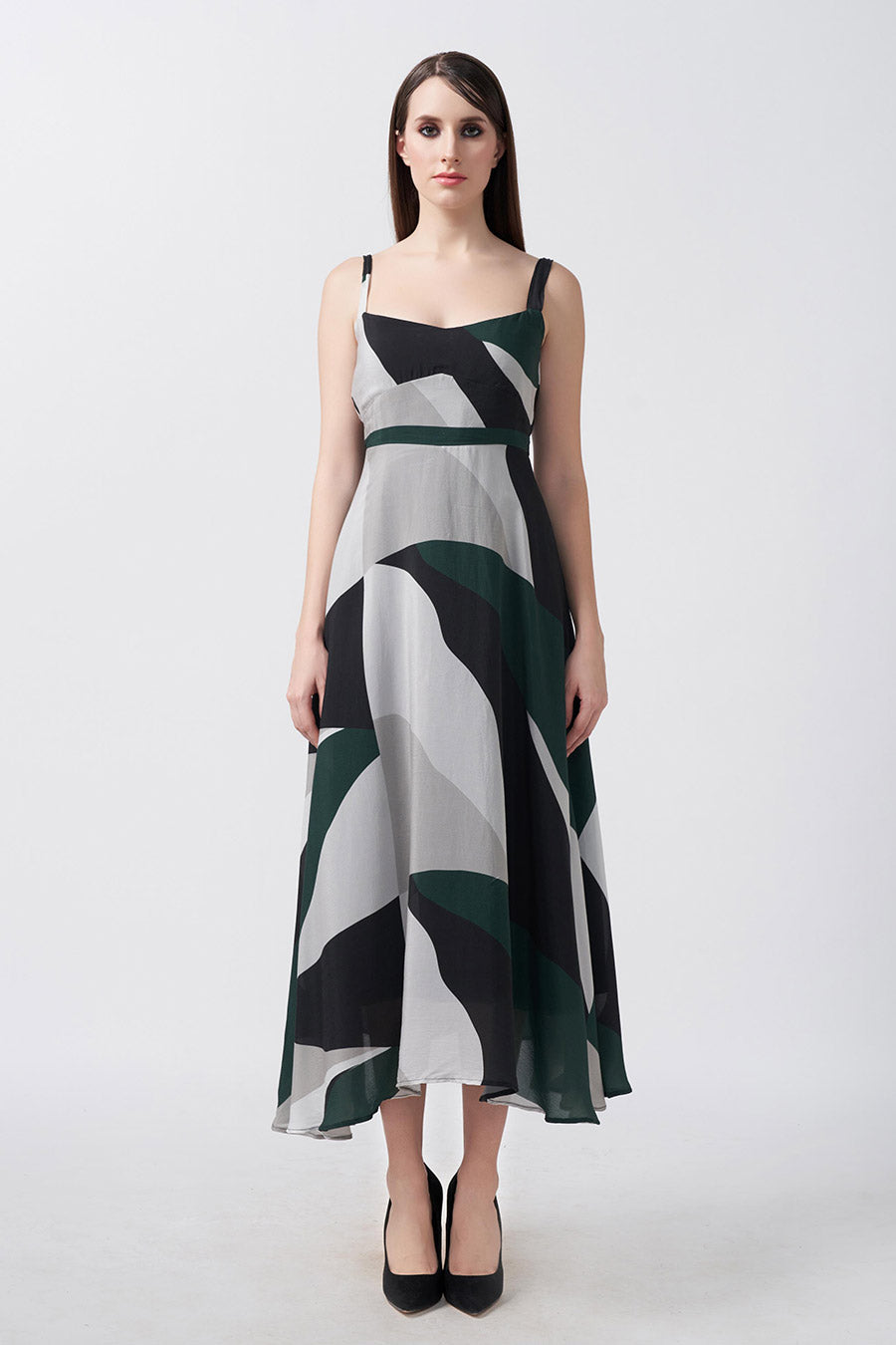 Dark Green Abstract Printed Midi Dress