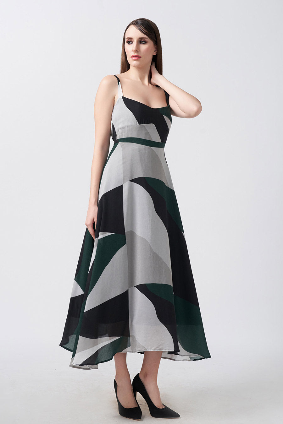 Dark Green Abstract Printed Midi Dress
