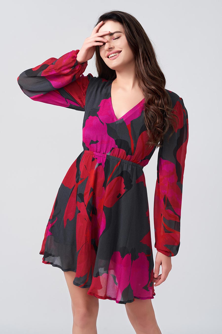 Pink & Black Floral Printed Short Dress