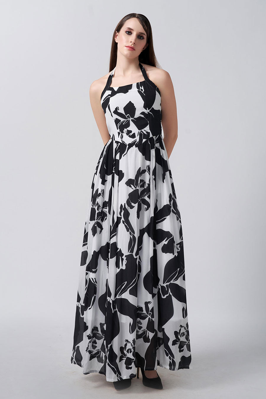 Black & White Floral Printed Long Dress