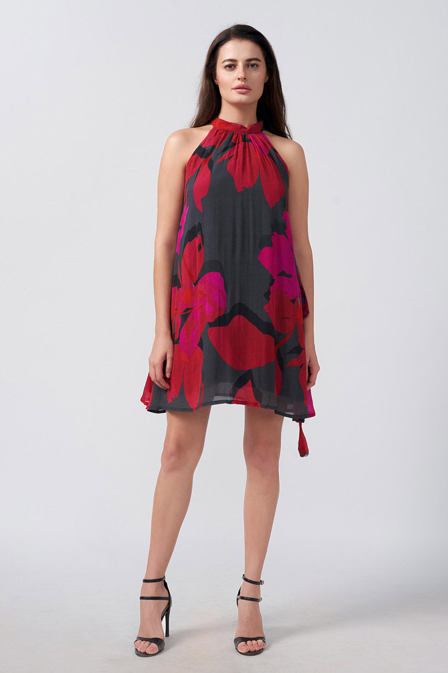 Red & Black Floral Printed Short Dress