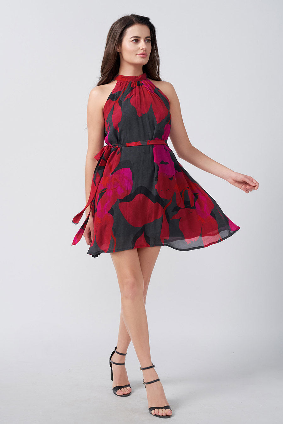 Red & Black Floral Printed Short Dress