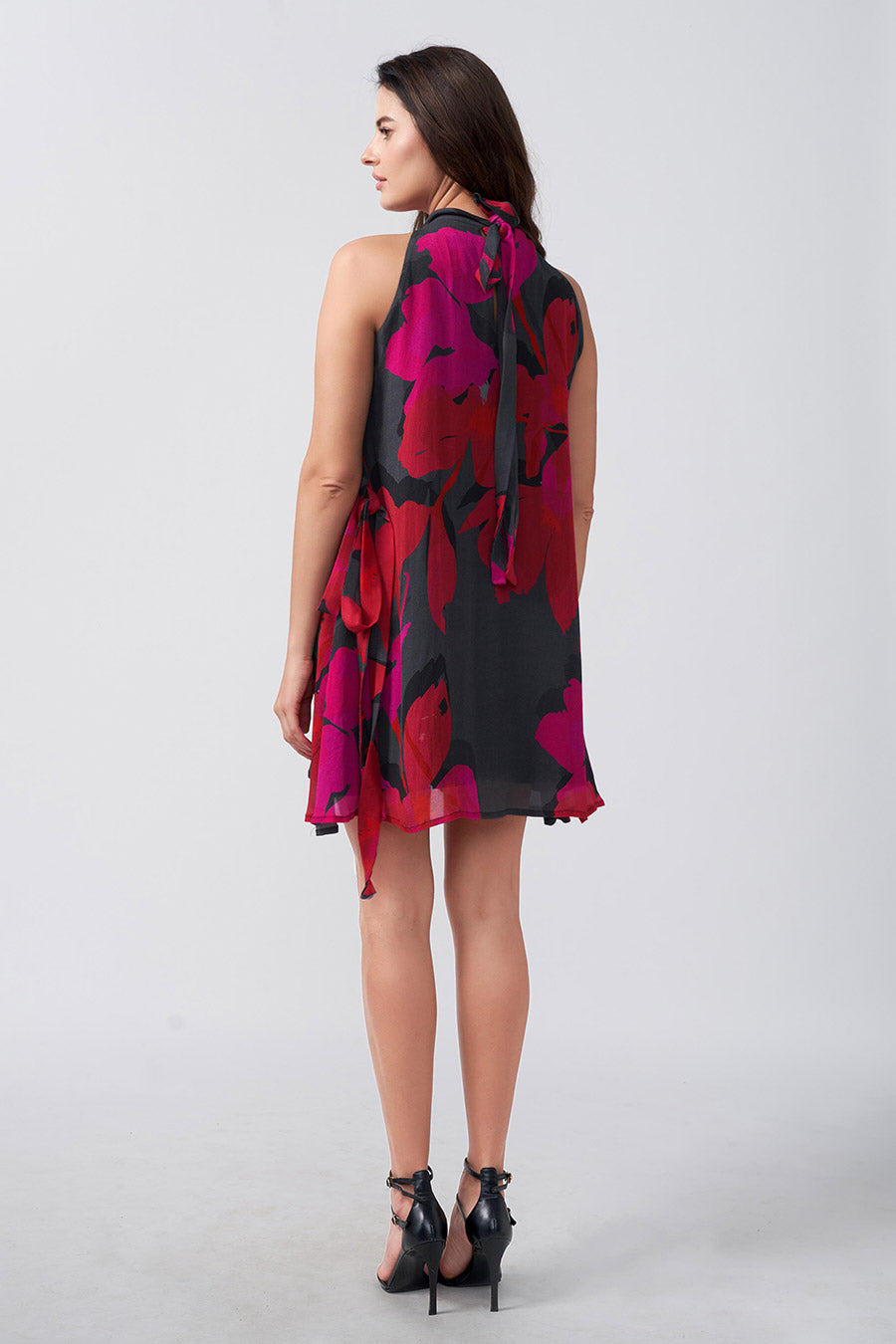 Red & Black Floral Printed Short Dress