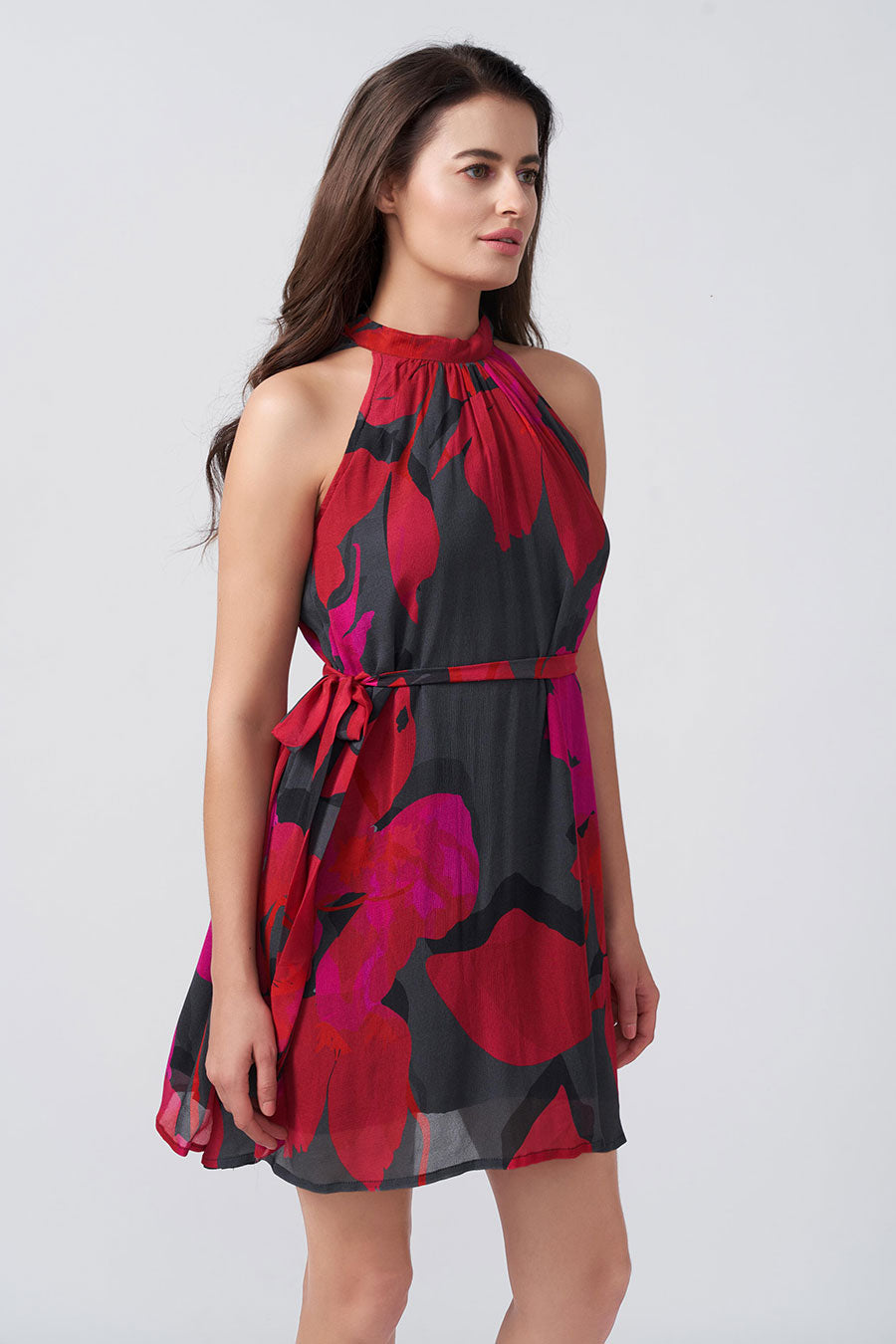 Red & Black Floral Printed Short Dress