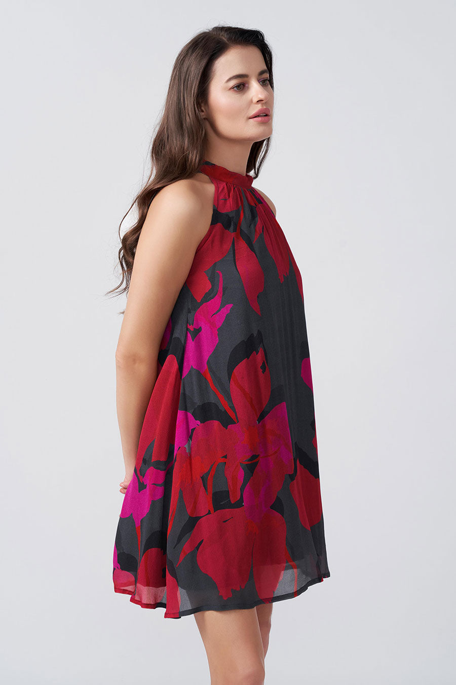 Red & Black Floral Printed Short Dress