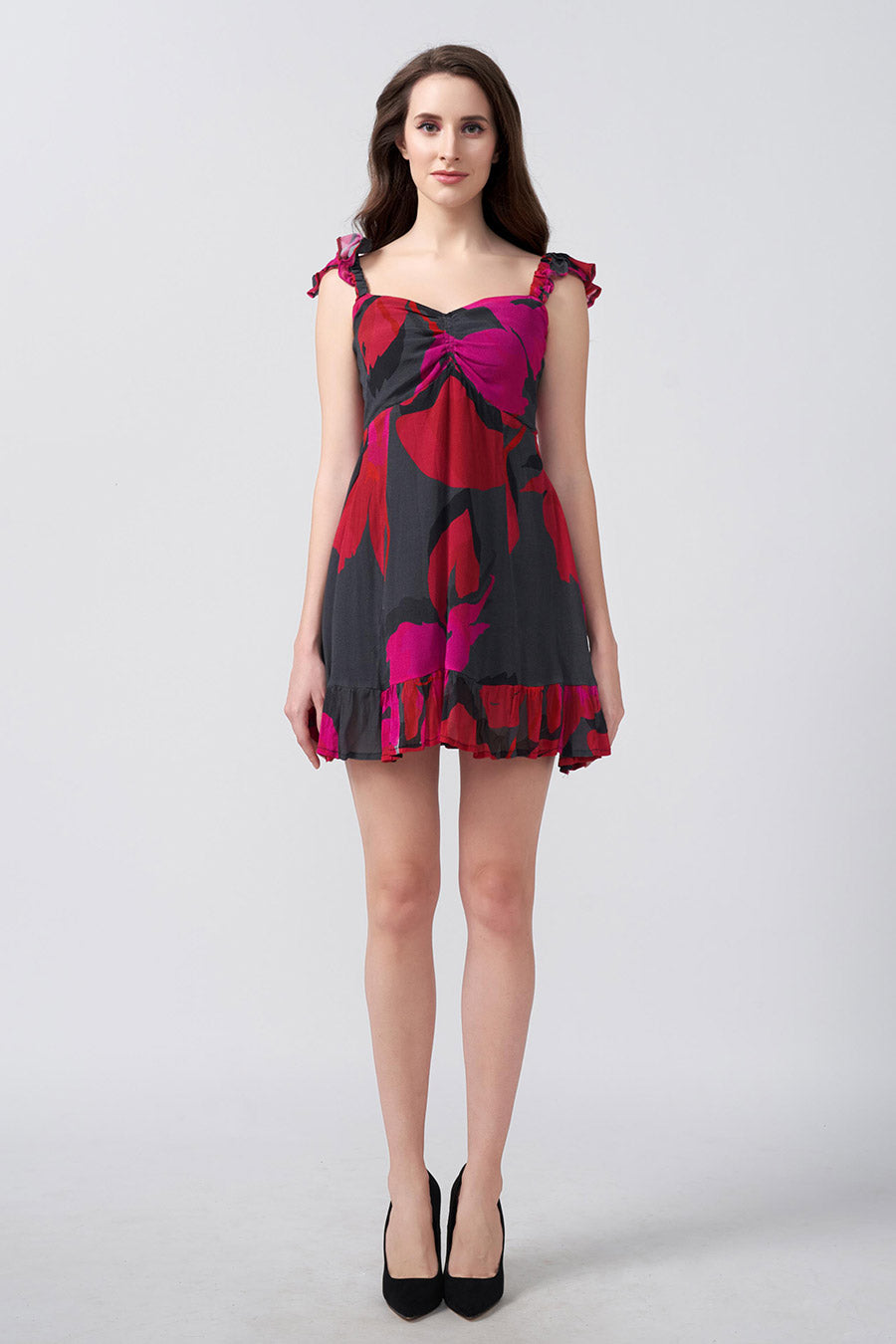 Red & Black Printed Frill Starp Short Dress