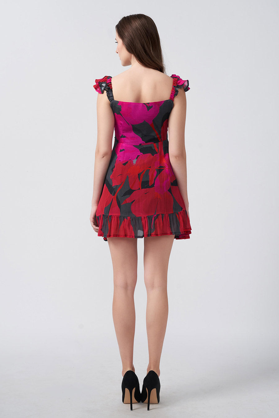 Red & Black Printed Frill Starp Short Dress
