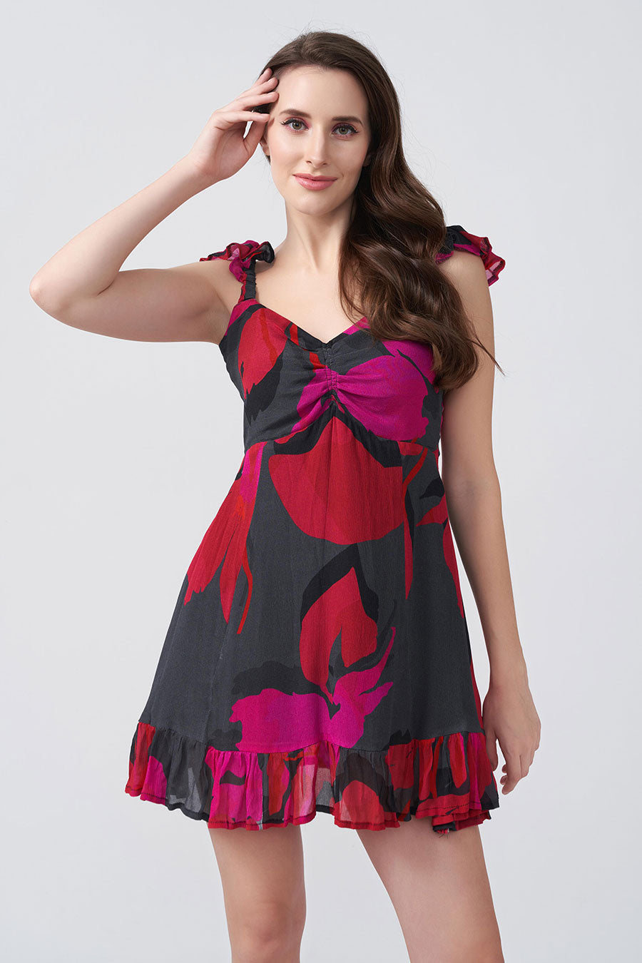 Red & Black Printed Frill Starp Short Dress