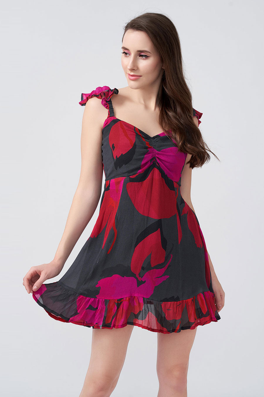 Red & Black Printed Frill Starp Short Dress