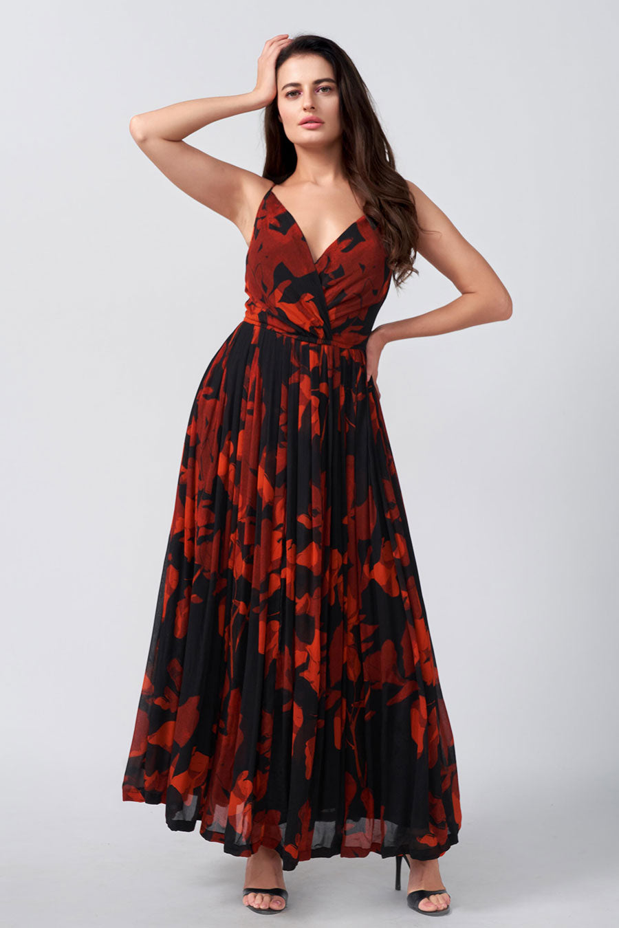 Red & Black Floral Printed Overlap Long Dress