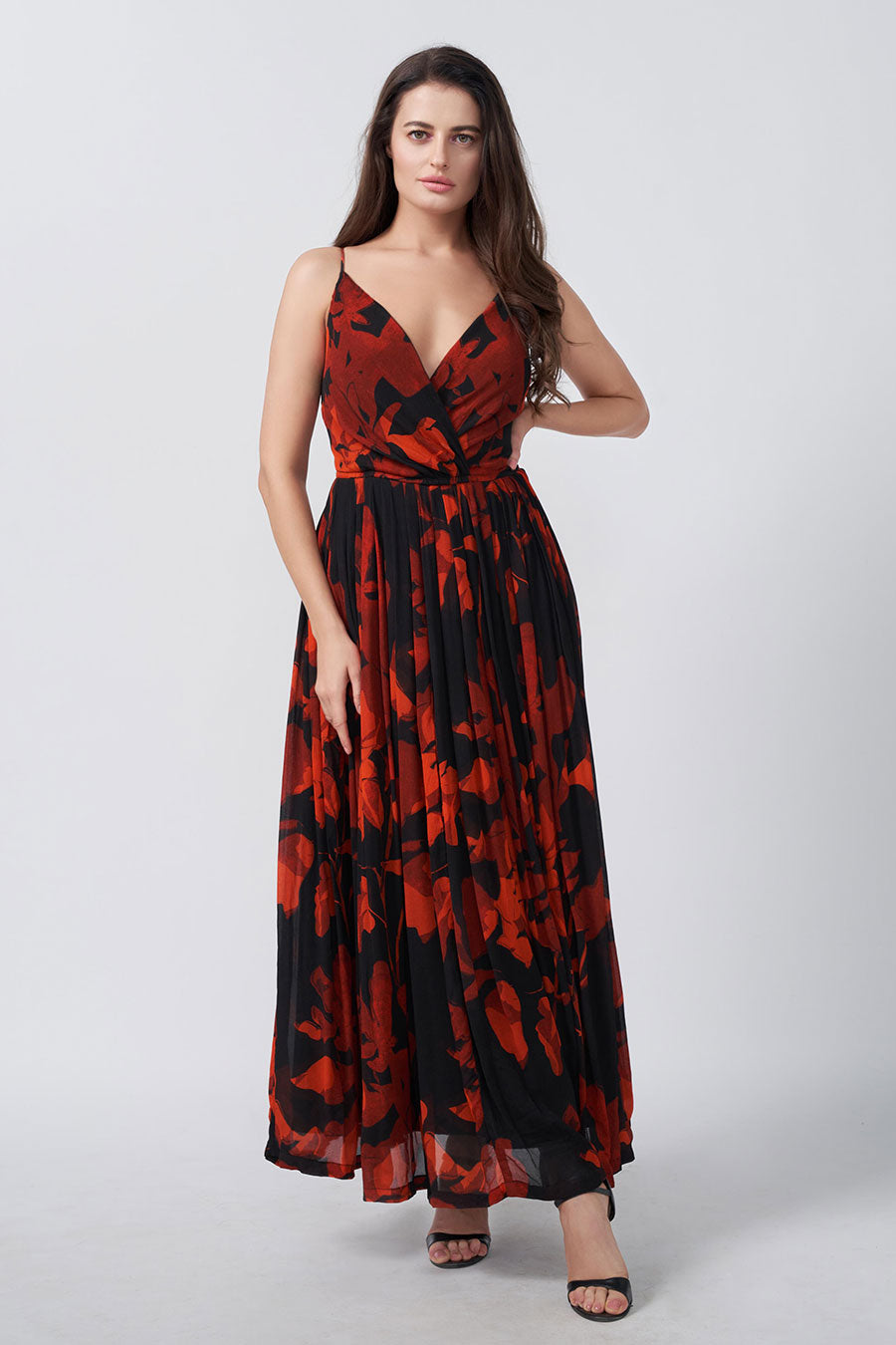 Red & Black Floral Printed Overlap Long Dress