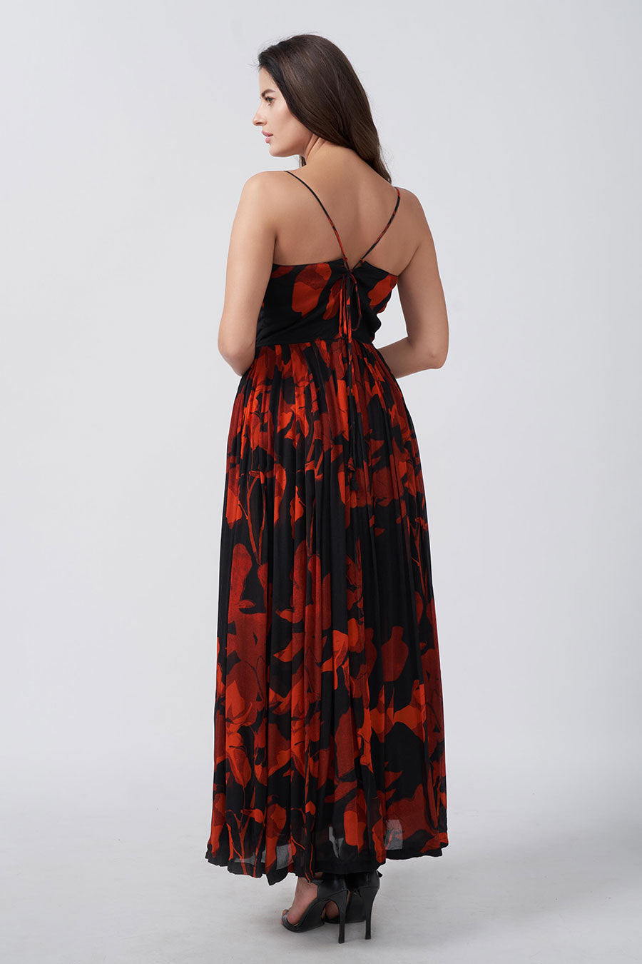 Red & Black Floral Printed Overlap Long Dress