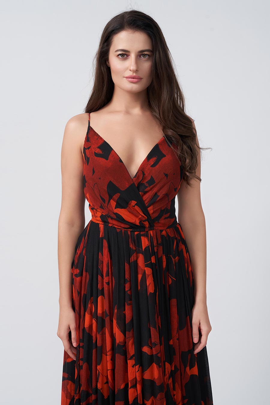 Red & Black Floral Printed Overlap Long Dress