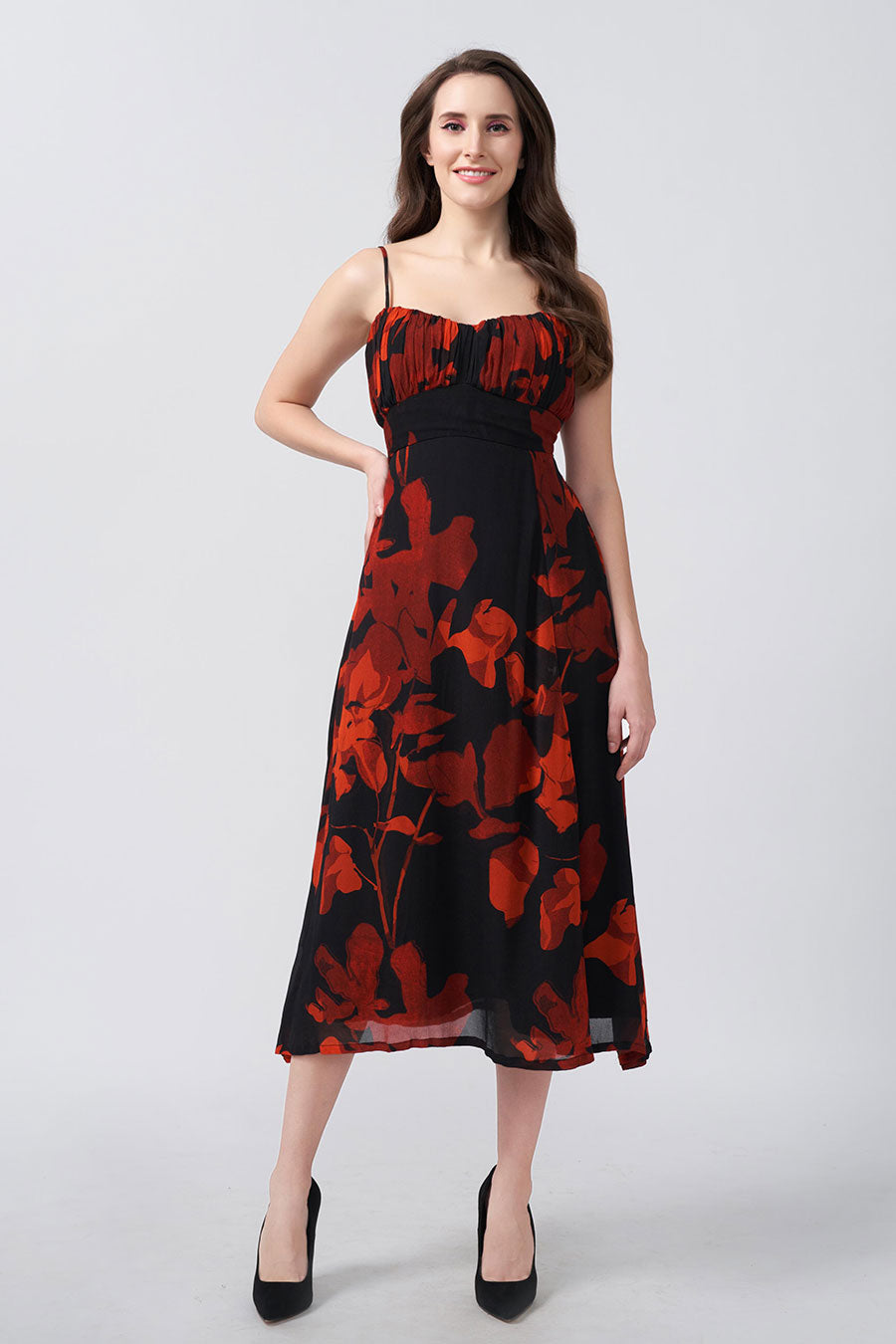 Red & Black Floral Printed Pleated Midi Dress