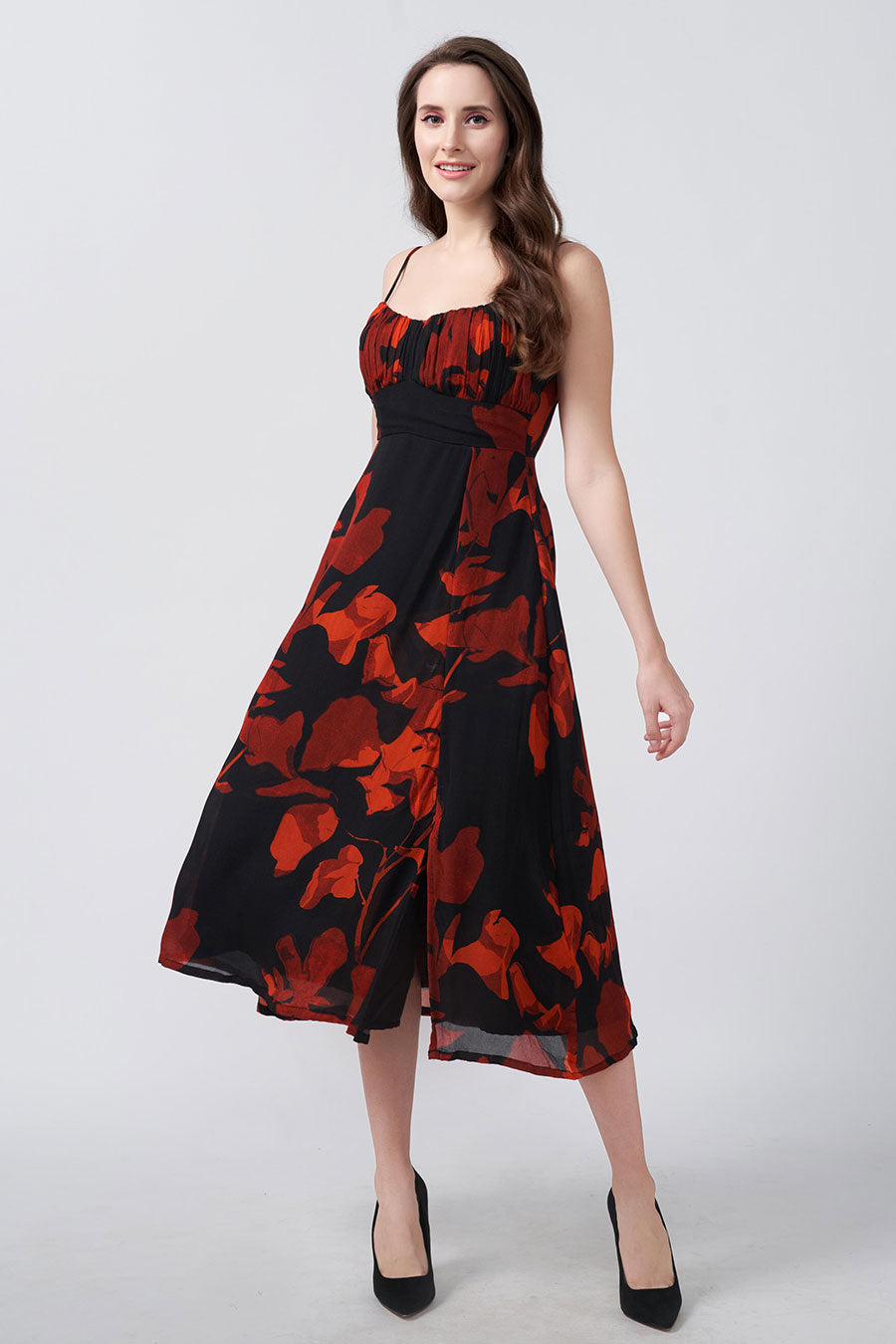 Red & Black Floral Printed Pleated Midi Dress