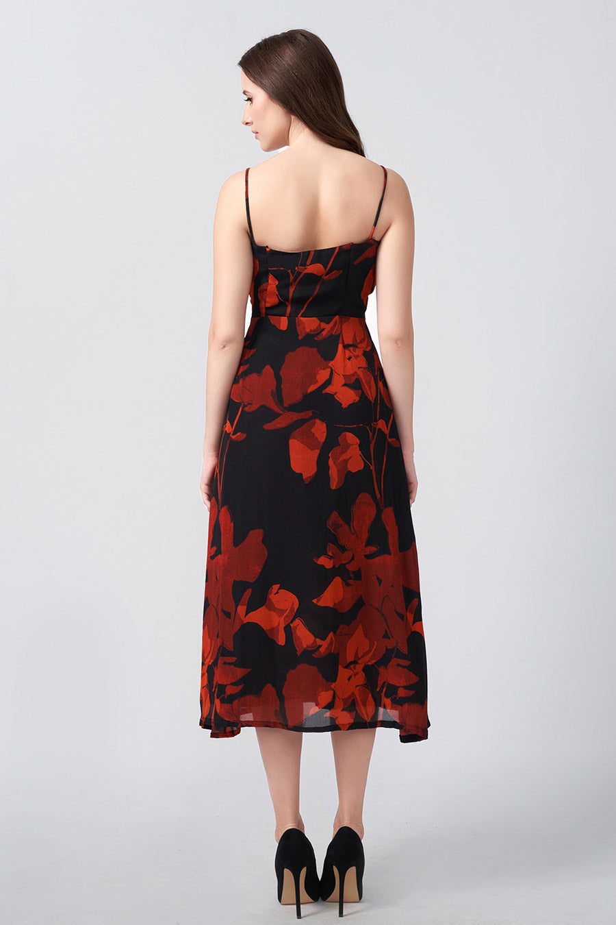 Red & Black Floral Printed Pleated Midi Dress