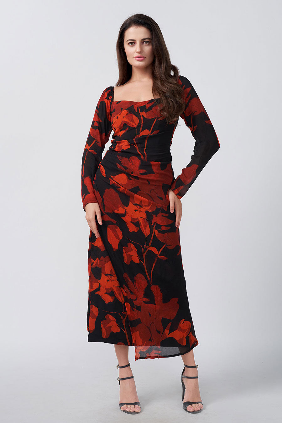 Red & Black Floral Printed Gathered Long Dress
