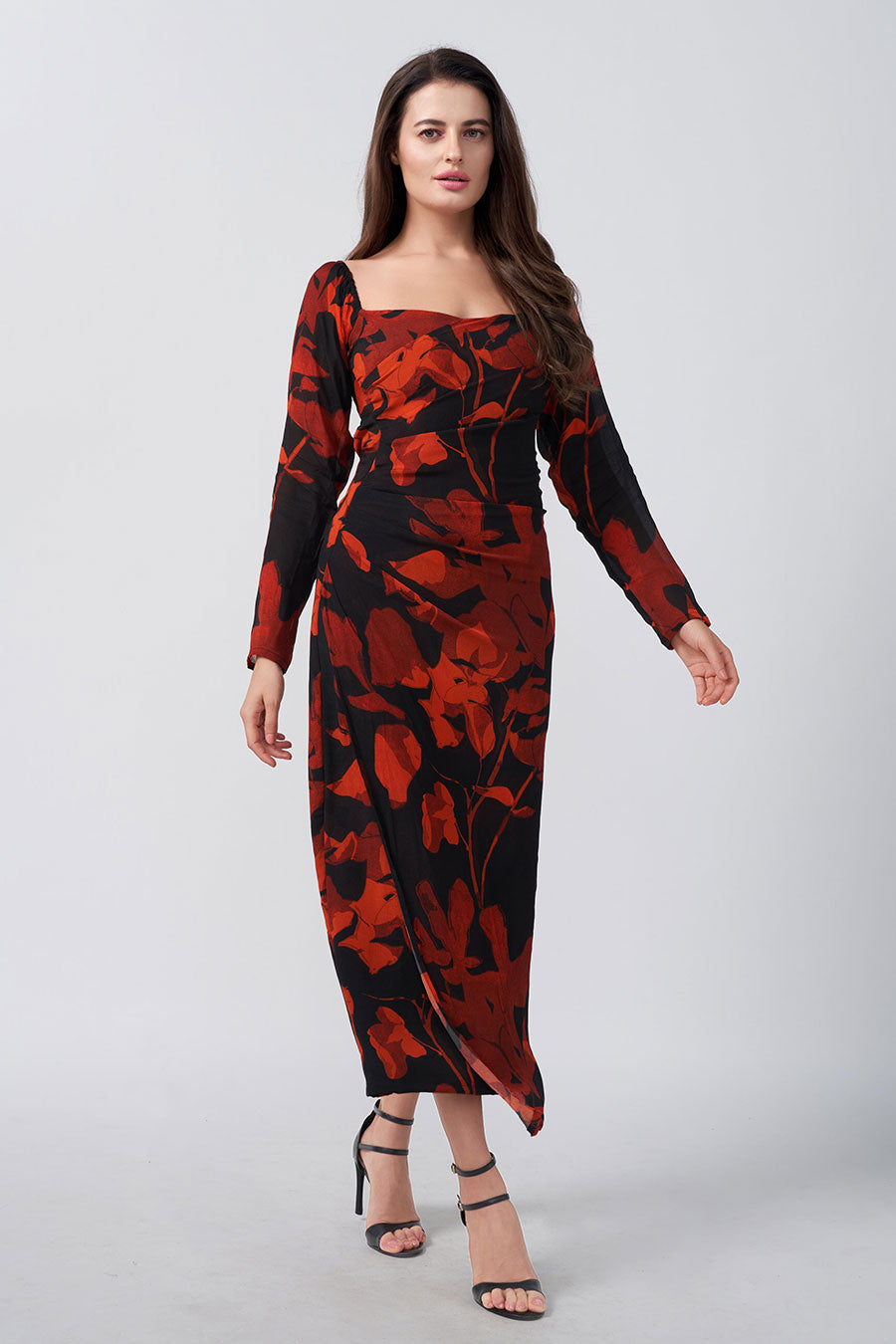 Red & Black Floral Printed Gathered Long Dress
