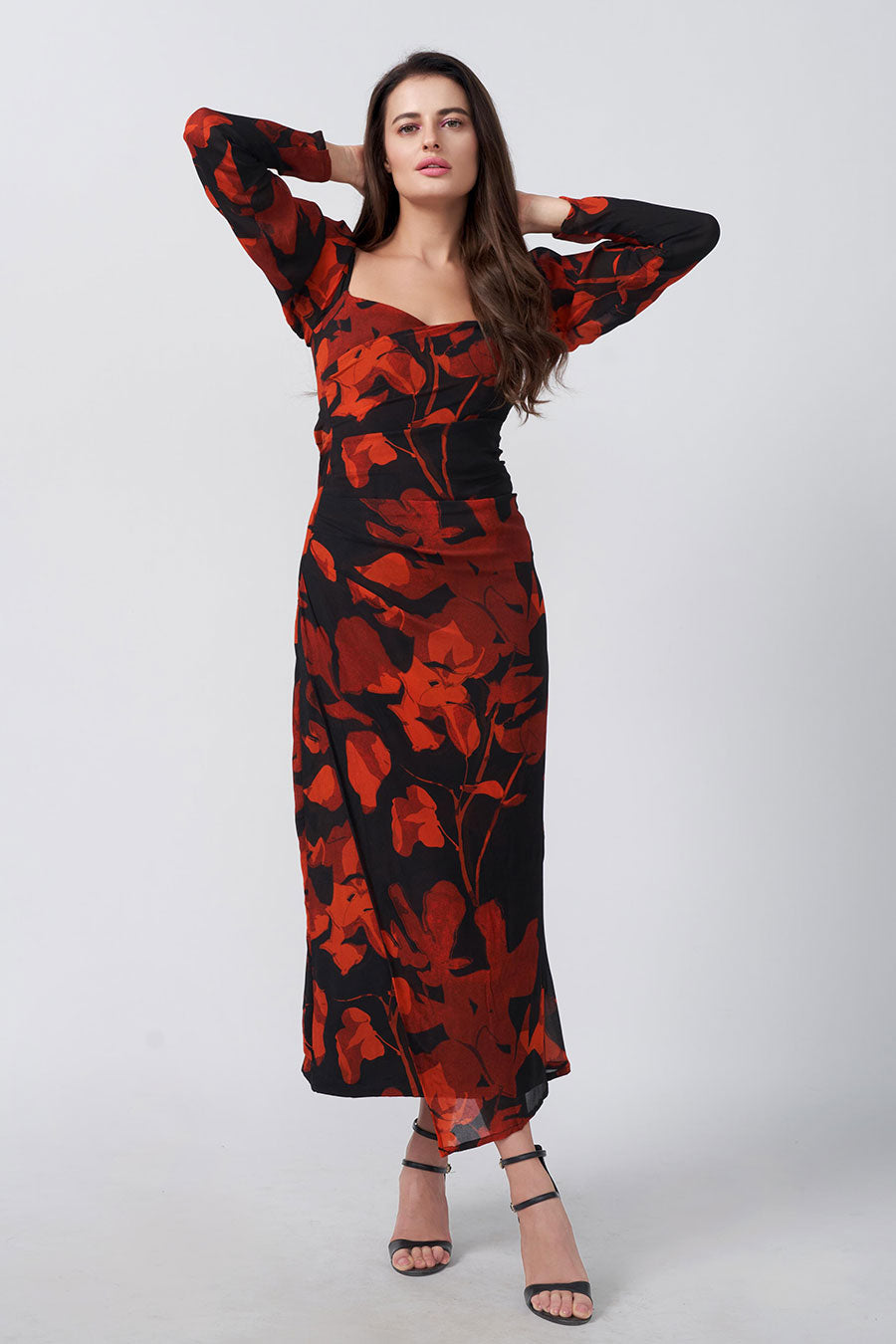 Red & Black Floral Printed Gathered Long Dress