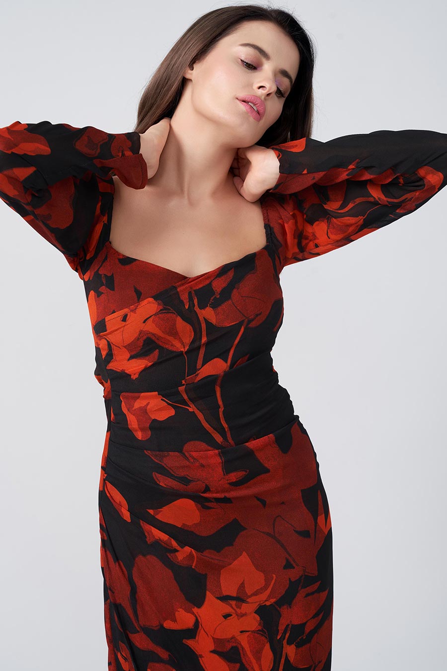 Red & Black Floral Printed Gathered Long Dress