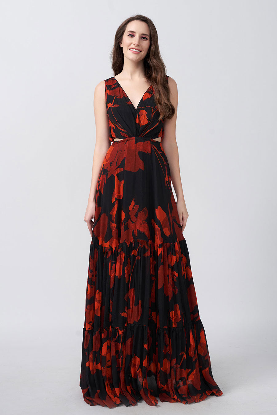 Red & Black Printed Tiered Long Dress
