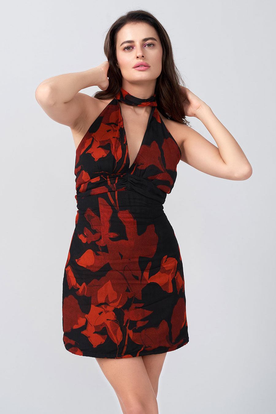 Red & Black Floral Printed Short Dress